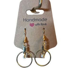Handmade Gold Tone Hoop Dangle Earrings with White Seed Bead Accent NEW